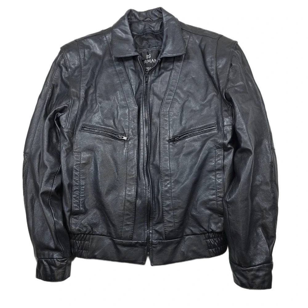 Bermans Leather Bomber Jacket Mens Small Long Black Thinsulate Removable Vintage
